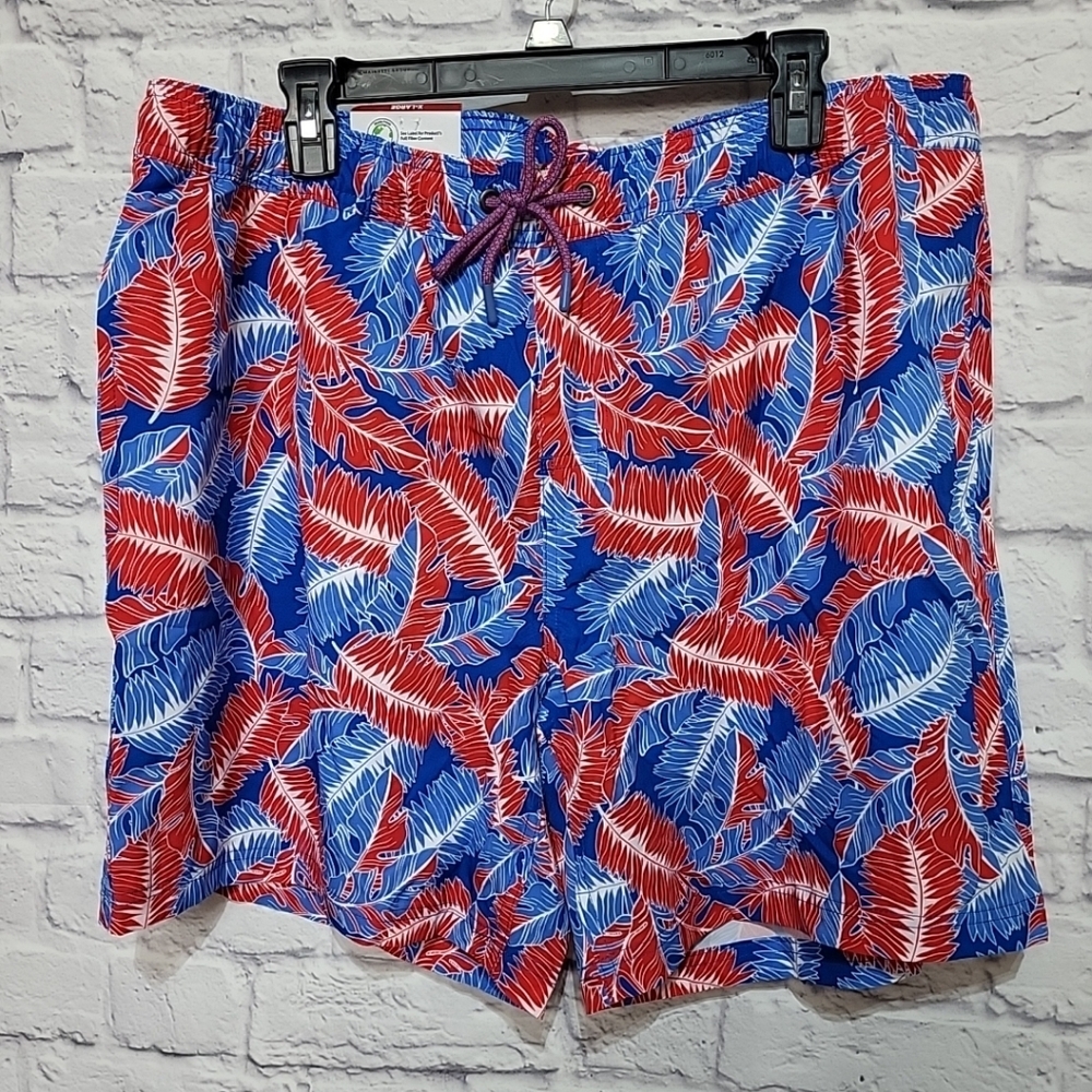 Men's Resort Swim Trunks X-Large Lined Red Blue Leaf Print‎ Drawstring Quick Dry